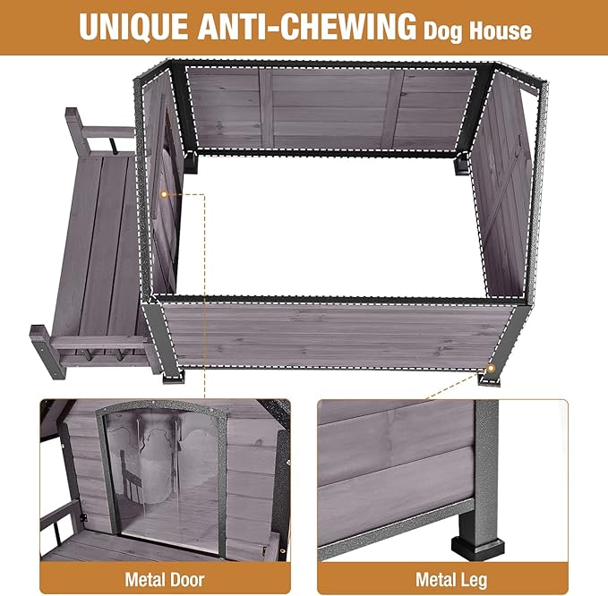 Dog House with Anti-Bite Metal Iron Frame Outdoor Wooden Dog Kennel Indoor Puppy Shelter for Small Medium Large Dogs Weatherproof(Grey)