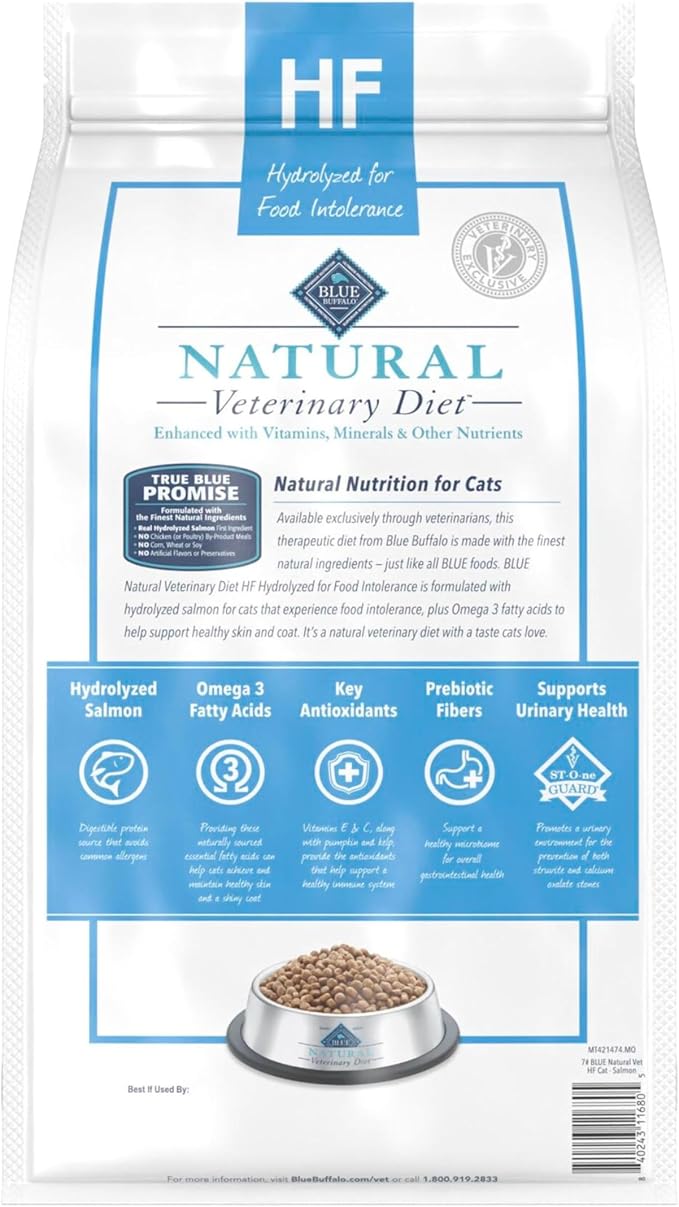 Blue Buffalo Natural Veterinary Diet HF Hydrolyzed for Food Intolerance Dry Cat Food, Veterinarian Prescription Required, Salmon, 7-lb. Bag