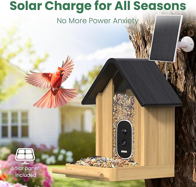 Smart Bird Feeder Camera with Solar Panel (Bamboo), 2.5K UHD AI Identification, Real-time Videos & Pictures, Wireless Solar Powered Outdoor, Ideal Garden Decor & Bird Watcher, Gift for Dad