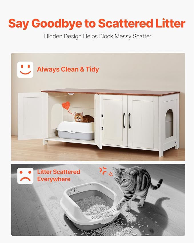 VEVOR Cat Litter Box Enclosure for Multi Cats, 47.2 in Hidden Litter Box Cabinet with 4 Doors & 2 Entries, Indoor Cat Washroom, Wooden Kitty House Furniture, Fit Most Litterboxes, Brown & White