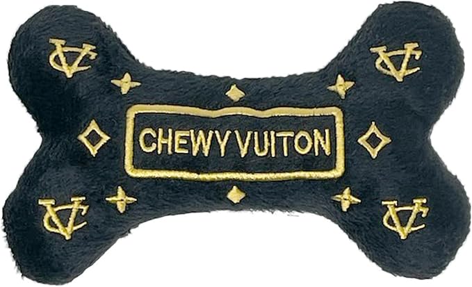 Dog Diggin Designs Chewy Vuiton Noir Plush Dog Toy Bone | Luxury-Inspired Parody Designer Bone with Squeaker, Soft Plush Chew & Play Dog Toy – Prêt-à-Porter Play!