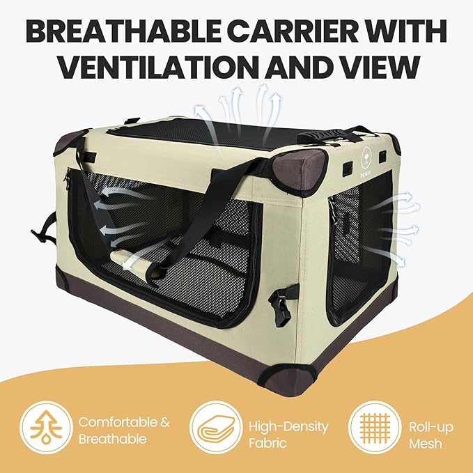 PEGIC Large Cat Carrier for Car Travel, Soft Sided Collapsible Pet Carrier for Outdoor and Indoor Uses, Roomy Extra Large Carrier for 2 Kittens, Large Cat or Puppies up to 50lbs, Brown