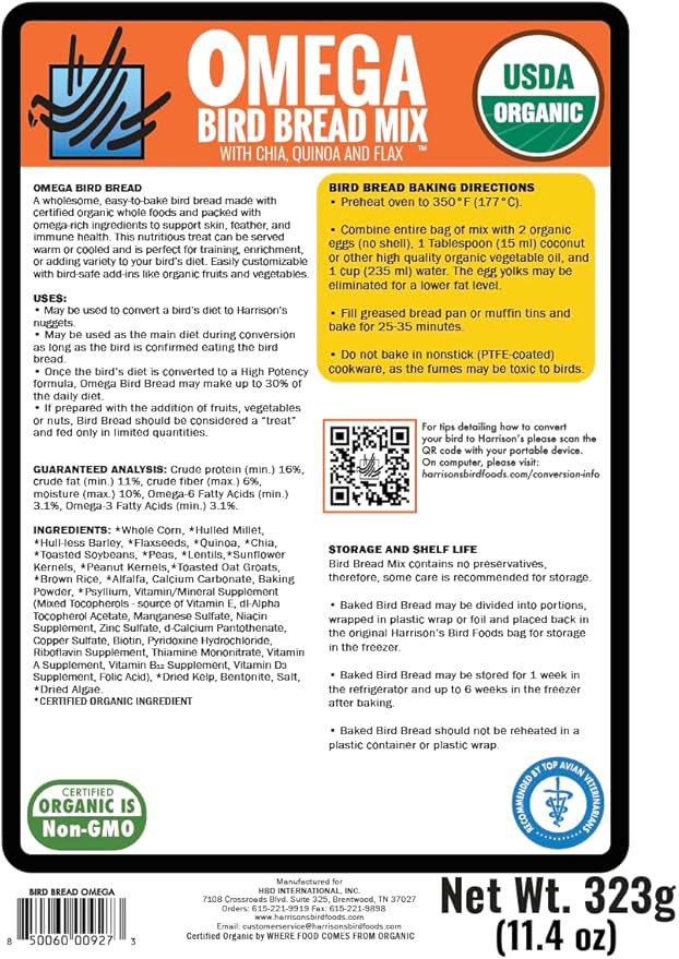 Harrison's Bird Foods Certified Organic NonGMO Omega Bird Bread Mix