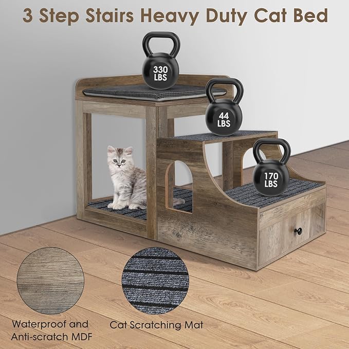 Cat Window Perch with Removable Stairs, Large Pet Bunk Bed with Drawer and Cushion for Cats and Dogs, Strong Frame Pet Bed for Bedside, Home, Indoor, Grey