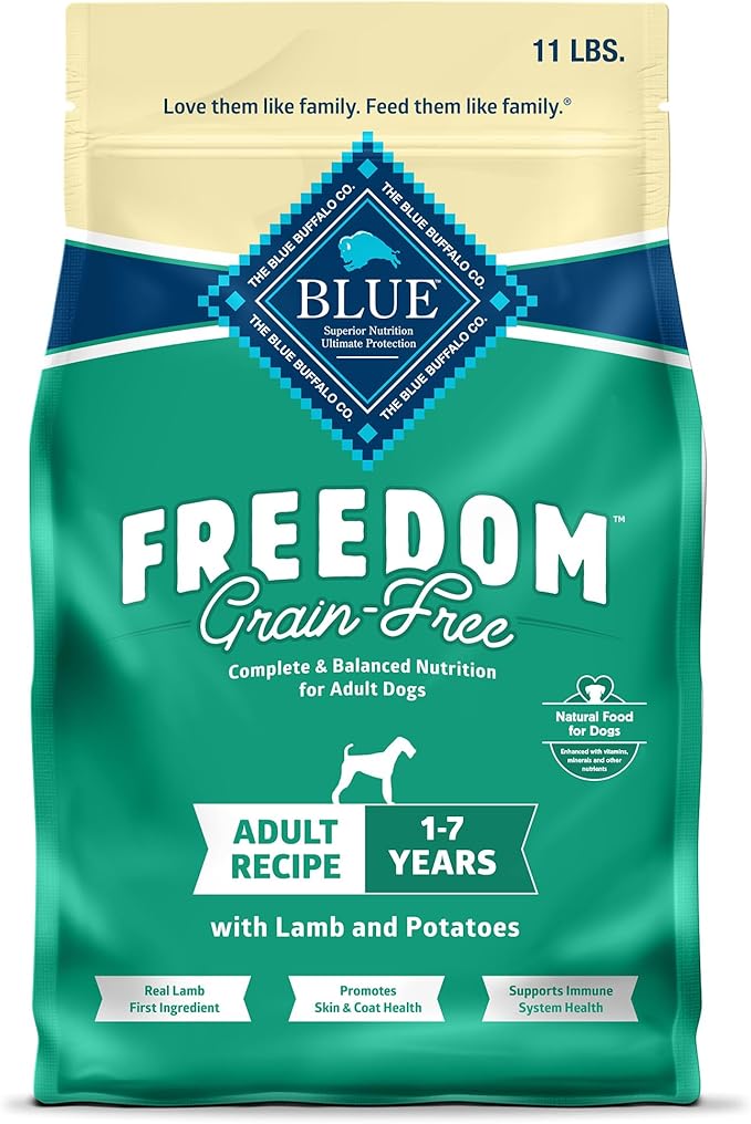 Blue Buffalo Freedom Grain-Free Dry Dog Food, Complete & Balanced Nutrition for Adult Dogs, Made in the USA with Natural Ingredients, Lamb & Potatoes, 11-lb Bag