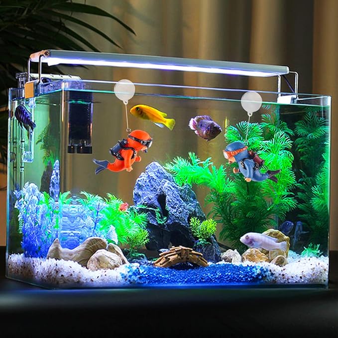 Gift Wrapped 2 Pack Fish Tank Decorations, Aquarium Ornaments Diver with Floating Device Aquarium Accessories Fishes Pet Toys for Freshwater Saltwater Aquarium (2Pcs Orange G)
