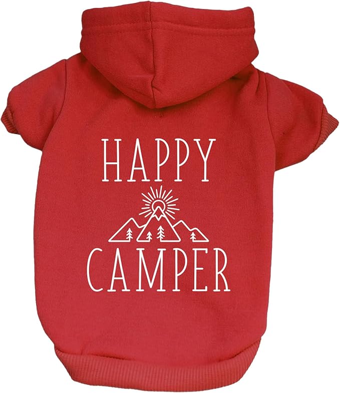 Happy Camping Dog Hoodie | Fleece Lined |Leash Hole| Summer | Outdoors | Travel | Hike|Red, X-Large 278