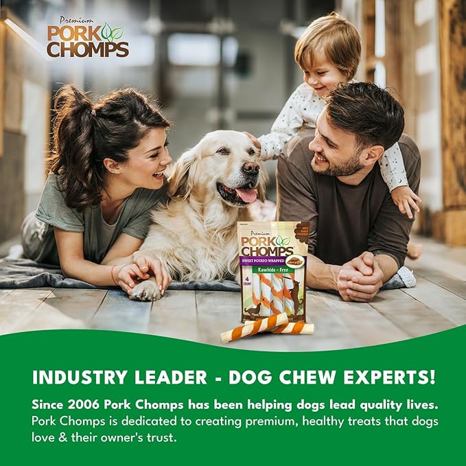 Pork Chomps Baked Pork Skin Dog Chews, 6-inch Twists, Real Sweet Potato Wrap, 4 Count (Pack of 2)