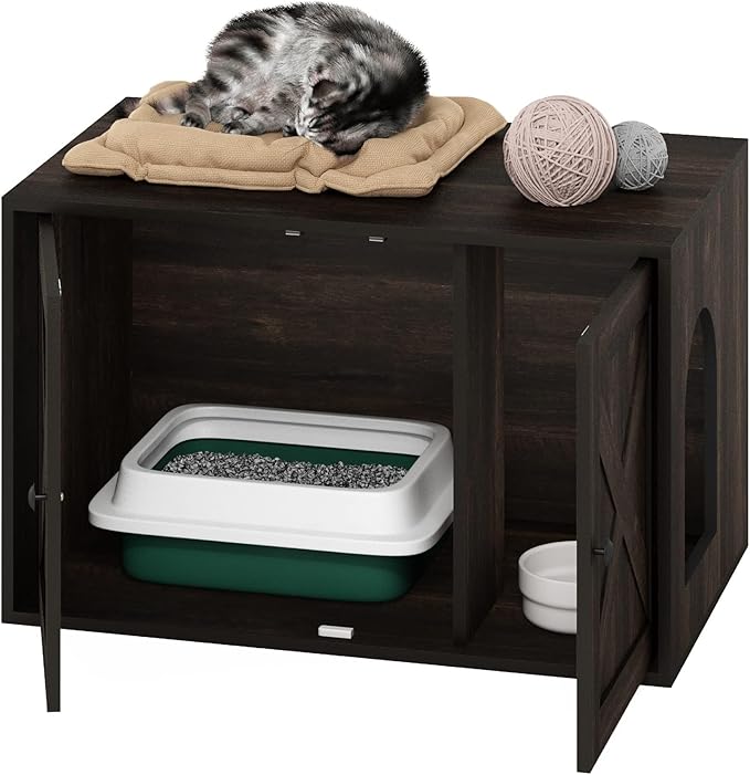 Furinno Peli Farmhouse Cat Litter Box Enclosure, Ebony