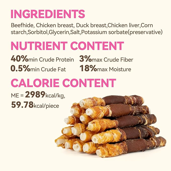 Dog Chew Treats, Long-Lasting Rawhide Sticks with Chicken, Duck & Chicken Liver, High-Protein Beefhide Chews for Small, Medium & Large Dogs, 5 Inch, 30 Count, 21.16 oz