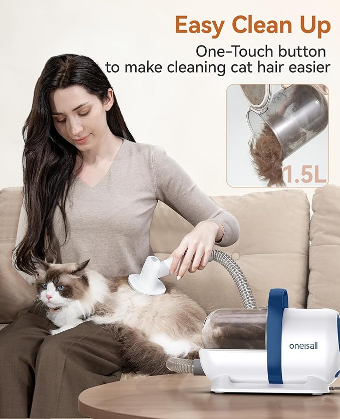 oneisall Cat Grooming Vacuum, Quiet Pet Vacuum Grooming Kit with Brush & Clippers for Hair Shedding Trimming, 6 in 1 Cat Vacuum Groomer for Pet Hair Grooming, White