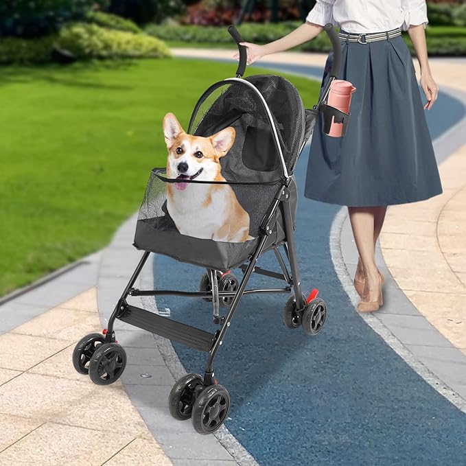 4-Wheel Pet Travel Stroller, Foldable & Lightweight Dog Cat Cage Jogger Stroller, Breathable and Visible Mesh for Small & Medium Dogs & Cats (Up to 22lbs) (Black)
