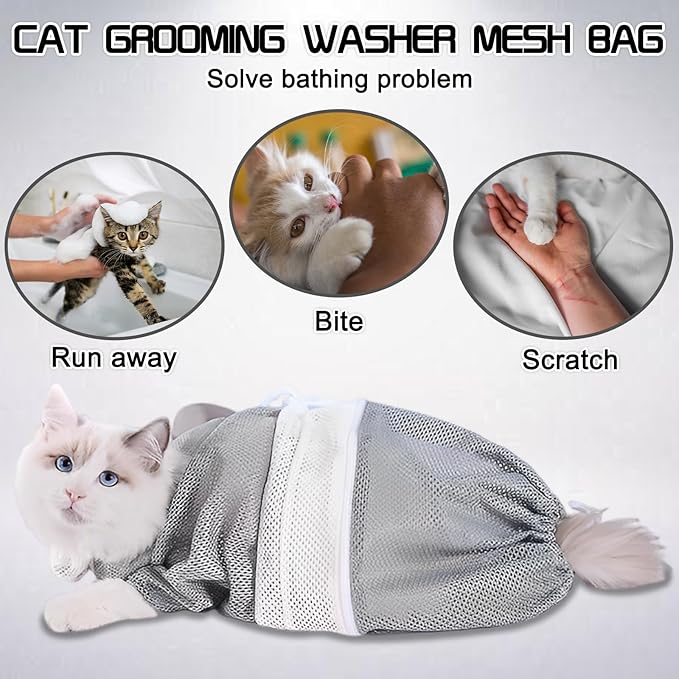 Cat Mesh Bathing Bag, Adjustable Cat Bath Bag with Nail Clipper, Bath Brush, Nail File & Comb, Anti-Scratch Shower Bag for Pet Grooming, Bathing & Restraint, Durable Washing Bag for Cats
