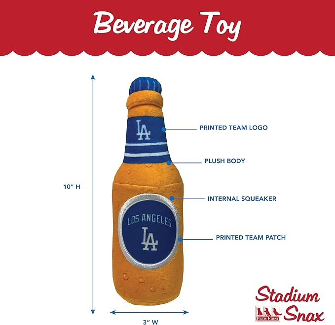 Pets First MLB Los Angeles Dodgers Stadium Beer Bottle Plush Dog Toy-Cutest Plush Toy for Dogs & Cats with Inner Squeaker & Premium Embroidery of Baseball Team Name & Logo