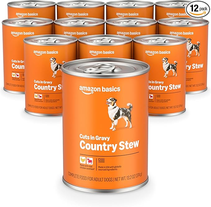 Amazon Basics Wet Dog Food, Country Stew Cuts in Gravy, Made with Real Chicken & Beef, 13.2 oz can (Pack of 12)