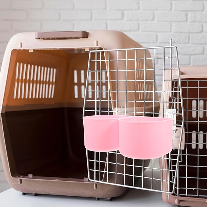 WOONEKY Pet Hanging Feeding Bowl for Dogs and Rabbits, Cage Bowl Holder with Water and Food Dish, Small Animal Feeder Compatible with Dog Kennels and Bird Cages, Pink