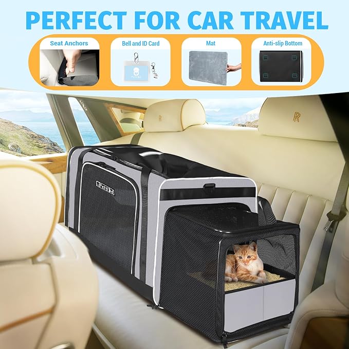 Petskd Side Expandable Extra Large Cat Carrier with Litter Box Area, 24"x17"x17" Soft-Sided Pet Carrier for 2 Cats Under 55 lbs with Zipper Locks for Car Travel(Grey)