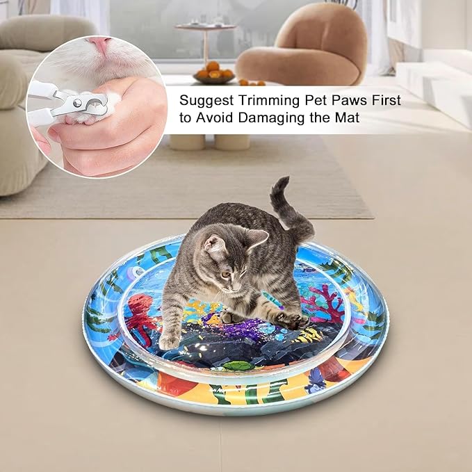 Cat Dog Water Mat with 3PCS Multi-Color Lights [ Newly Upgraded, 2 Layers Thickened Pet ] Anti-Scratch Leak Proof, with Floating Fish for Indoor and Outdoor Cat Dog Toys (Octopus & Light)