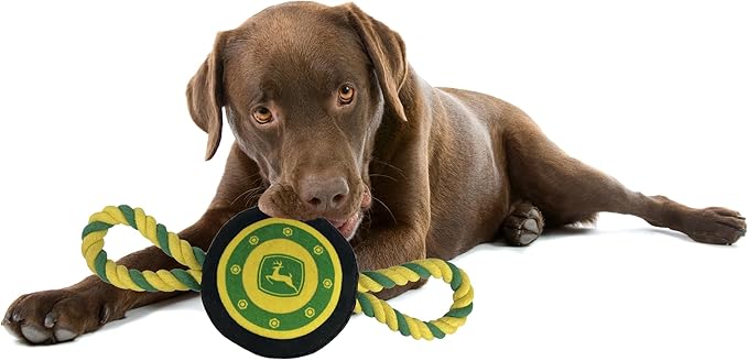 Pets First John Deere Tire Rope Toy for Dogs & Cats. Tough Nylon, Sporty John Deere Design, Heavy-Duty Ropes with Inner Squeaker