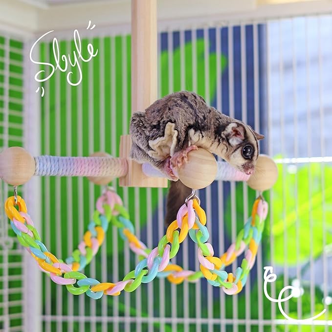 Wooden Pet Swing Toy - Bird Cage Hanging sSwing Perch Climbing Accessory, Natural Chew Safe Small Animal Toy | Hamster Guinea Pig