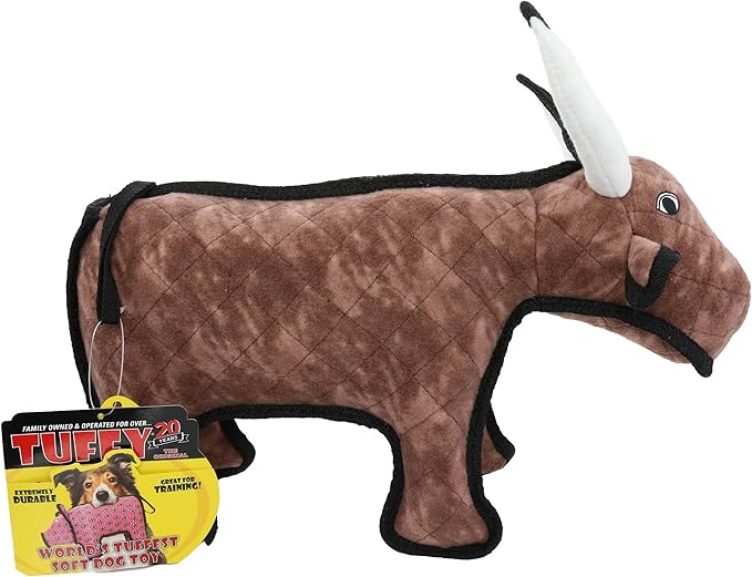 TUFFY - World's Tuffest Soft Dog Toy -Barnyard- Multiple Layers. Made Durable, Strong & Tough. Interactive Play (Tug, Toss & Fetch). Machine Washable & Floats. (Bull, Medium)