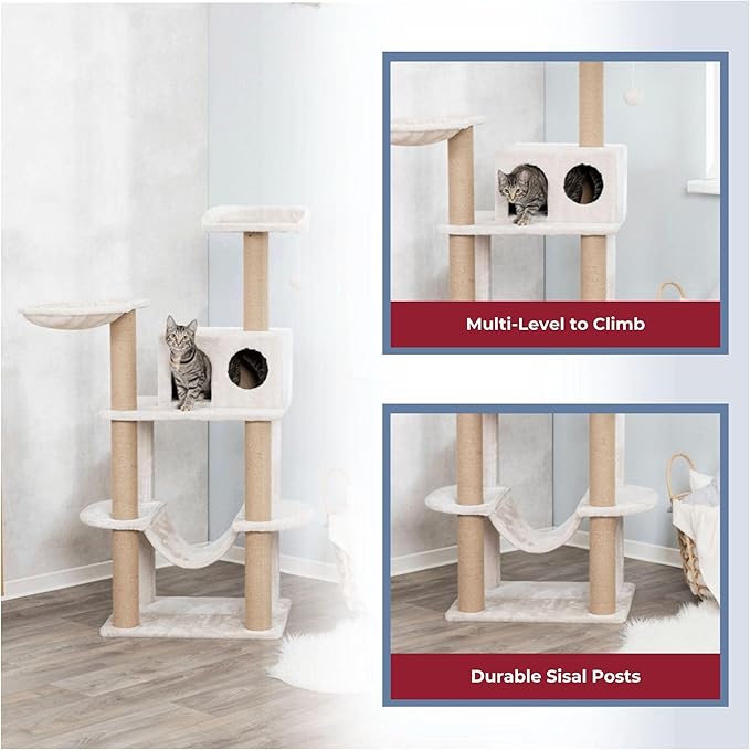 TRIXIE Federico 56" Cat Tower, Indoor 4-Level Cat Furniture with Jute Scratching Posts, Plush Condo, Platforms, Hammock, Toy on a String, Greige