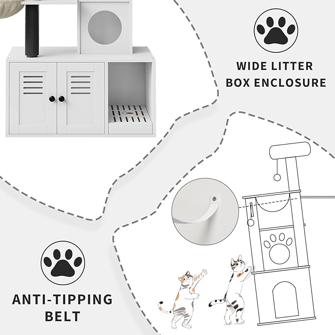 Multi-Level Wooden Cat Tree Tower with Hidden Litter Box Enclosure & Condo, Sisal Scratching Posts, Soft Perch & Toys, Modern Cat Furniture for Indoor Cats, White Box & White Trees