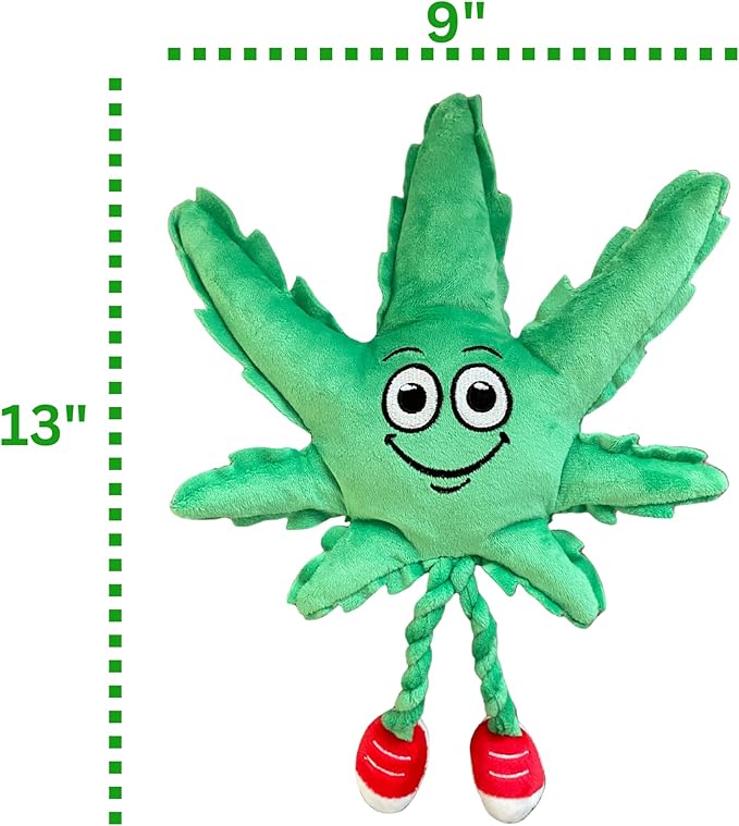 My Name is MJ, Cute Stuffed Parody Marijuana Leaf Dog Toy, Funny Squeaky Weed Toy, Cool Plush Novelty 420 Gift for Puppies & Small, Medium & Large Breeds, for Fetch & a Photo Prop, Shelf-Sitter