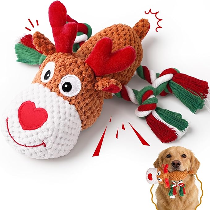 Plush Rope Reindeer Dog Toy – Durable Squeaky Tug Toy for Small, Medium Dogs, Interactive Chew & Fetch Puppy Toy