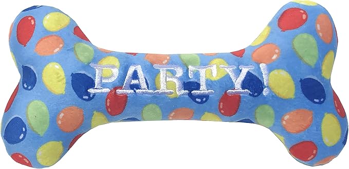 Huxley & Kent Funny Dog Toy w/Squeaker – Birthday Power Plush Squeaky Dog Toys for Small, Medium & Large Dogs – Soft Stuffed Animal for Indoor Play & Fetch - Party Time Blue Bone, Small