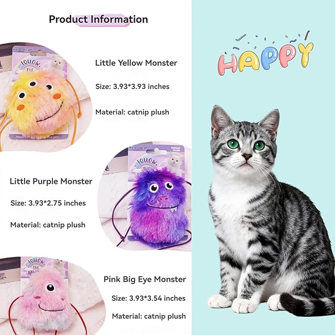 Cute Monster Plush Catnip Toy Interactive Soft Chew Plush Catnip Toys for Indoor Cats and Kittens 3.9" (Purple)