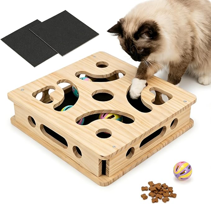 EIODEAR Cat Nail File Scratcher with 3 Sandpaper Pads, 4 Bell Balls, 8 Screw, Solid Wood Cat Scratch Puzzle Enrichment Box Nail Filer Box Toy to File Nails, Cat Treat Box for Treat-Motivated Cats