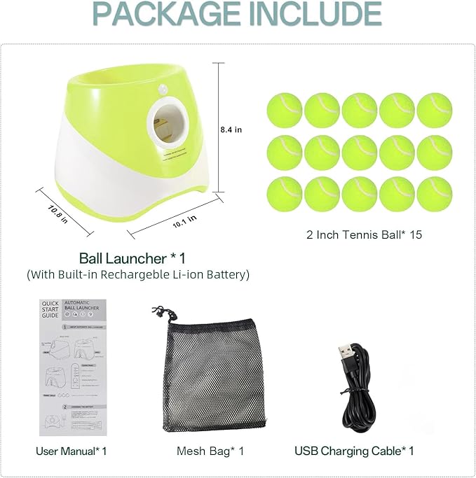MEKAPLE Automatic Dog Ball Launcher, Dog Ball Thrower Machine with 10-30Ft 3 Launching Distance, Interactive Toys for Small Dogs Indoor & Outdoor with 15 Mini Tennis Balls-2 Inch Light Green