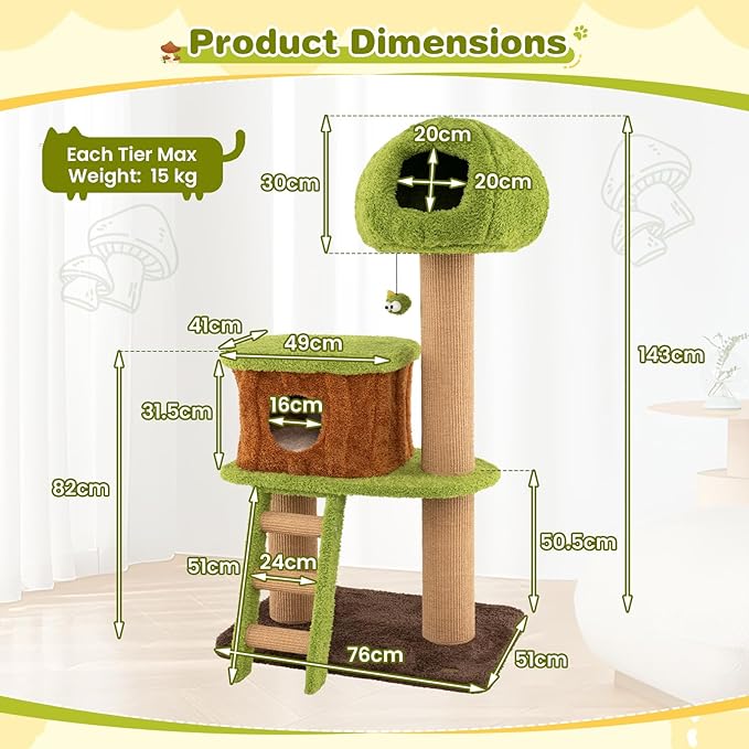PETSITE 56-inch Forest-Themed Cat Tree, Multi-Level Cat Tower with 2 Cute Condos, Climbing Ladder, Teasing Ball, Sisal Posts, and Removable Cushion, Modern Cute Cat Tree for Indoor Cats