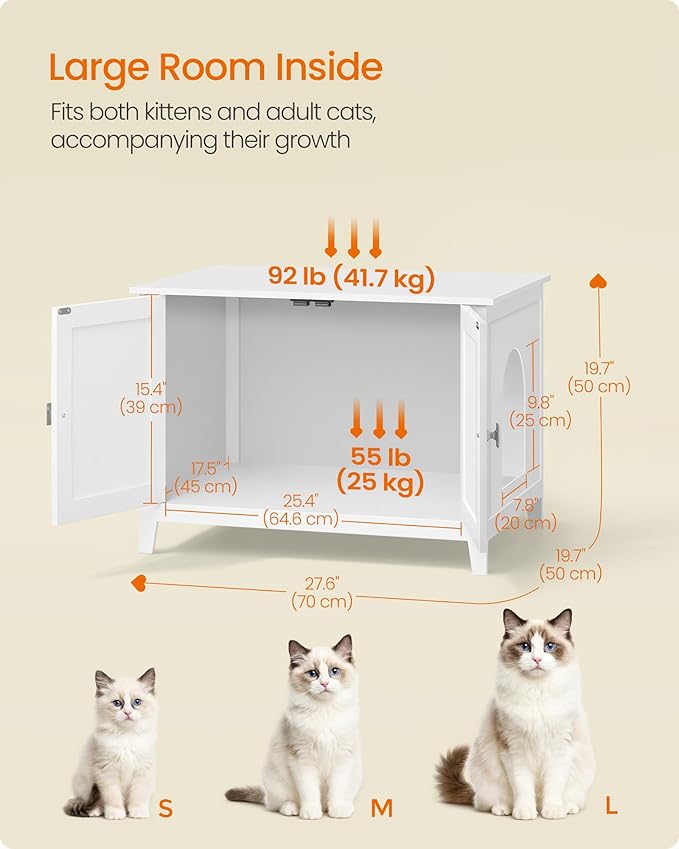 Feandrea Cat Litter Box Enclosure, Modern Hidden Cat Litter Box Furniture, Double Doors, Handles, Indoor Pet House Washroom, Living Room Side End Table, Cloud White UPCL015WB01