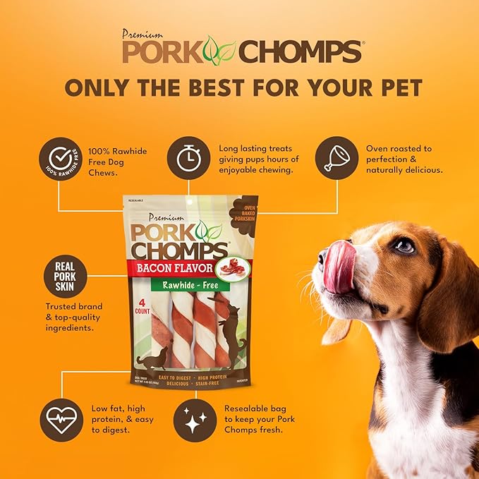 Pork Chomps Baked Pork Skin Dog Chews, 6 Inch Twists, 4 Count - Bacon Flavor Wrap - Long-Lasting Treats for Dogs - High Protein, Rawhide-Free, Low Fat, Healthy & Delicious Chews