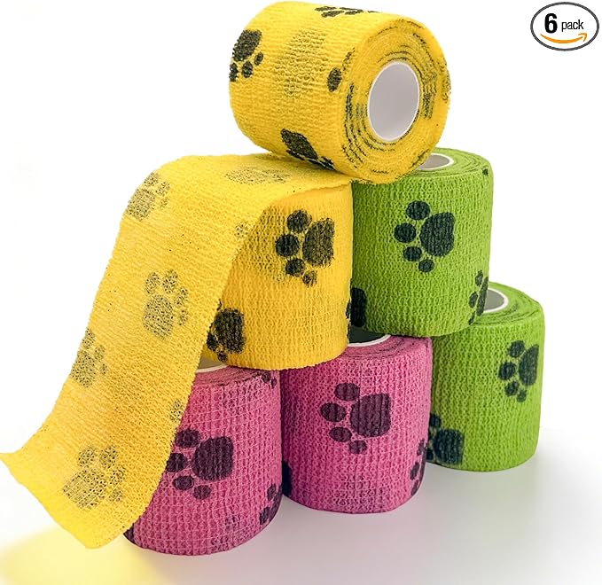 6 Rolls Vet Wrap Cohesive Bandage, Self Adhesive Non-Woven Pet First Aid Tape for Dogs, Cats, Horses, Wound Care, Sticks Only to Itself, Safe & Comfortable, 2 Inch x 5 Yards
