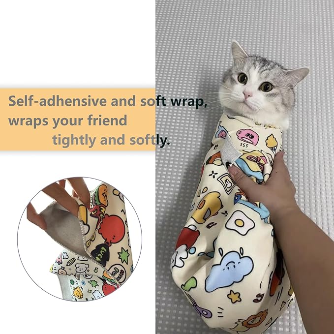 Cat Grooming Wrap - Multifunctional Anti-Bite & Scratch Blanket for Nail Trimming, Medicine, and Injection, Self-Sticking Wrap for Calm & Safe Pet Care (Cute Prints, XL-35.5inch within 22lbs)