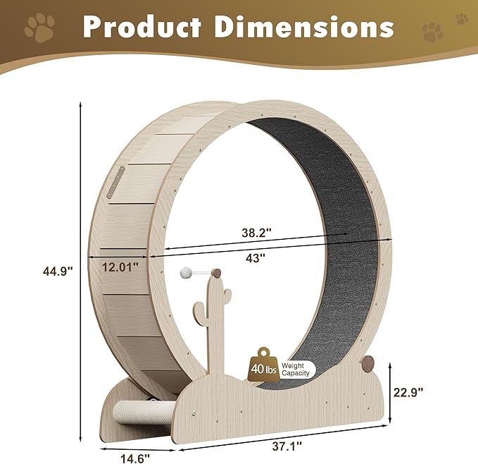JungleA Large Cat Exercise Wheel 42.72 Inch - Spacious Cat Wheel with Detachable Teaser and Scratching Post for Indoor Cats, Featuring Safety Lock & Low Noise Design for Most Cats