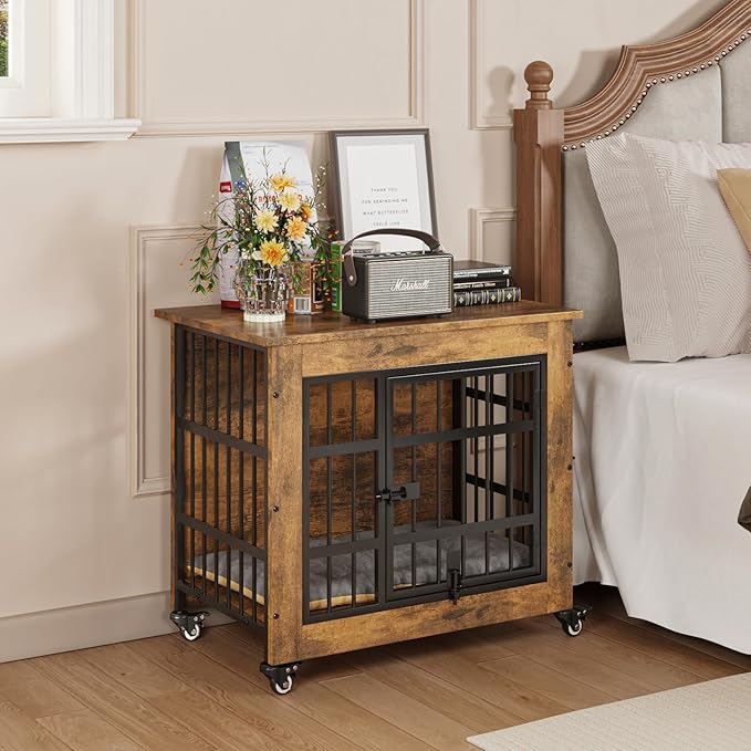 Halitaa 27.1" Dog Crate Furniture with Cushion and Wheels, Wooden Dog Kennel Indoor for Small Dogs, Farmhouse Pet Cage for Anxiety Dog, Rustic Brown (27.1" L x 17.9" W x 24.8" H)
