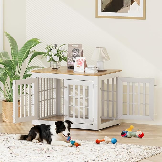Snuowu 38" Heavy-Duty Dog Crate Furniture for Large/Medium Dogs, Rustic Wooden Dog Cage Kennel Indoor Furniture, Decorative Pet House End Table, White & Wood
