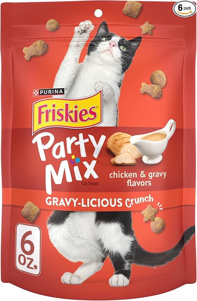 Purina Friskies Cat Treats, Party Mix Gravy-licious Crunch Chicken and Gravy Flavors - (Pack of 6) 6 oz. Pouches