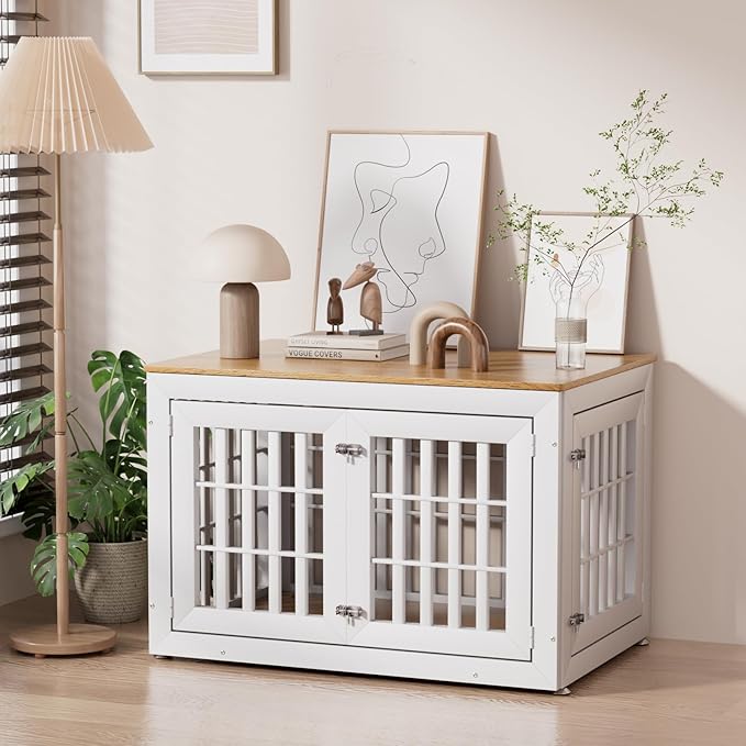 Snuowu 42" Heavy-Duty Dog Crate Furniture for Large/Medium Dogs, XL Wooden Dog Cage Kennel Indoor Furniture, Decorative Pet House End Table,White & Wood