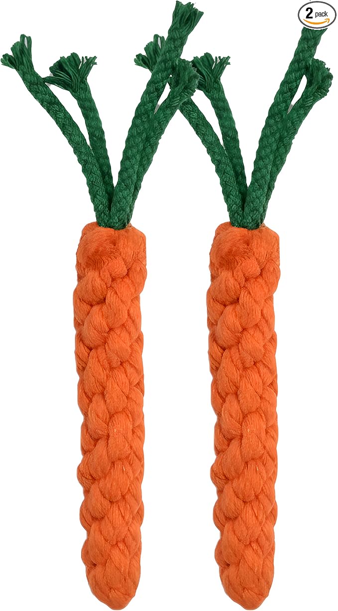 Handmade Braided Carrot Shape Chew Toy, Orange with Green Leaves, Durable Pet Dental Toy (2-Piece Set)