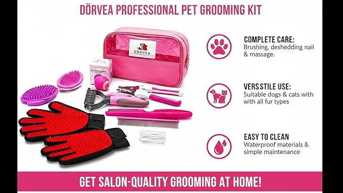 Pet Grooming Kit 12-in-1 for Dogs & Cats - Professional Deshedding Brush, Nail Clipper, Slicker Brush Flea Comb, Grooming Gloves, cat Teaser Ball Set with Storage Bag