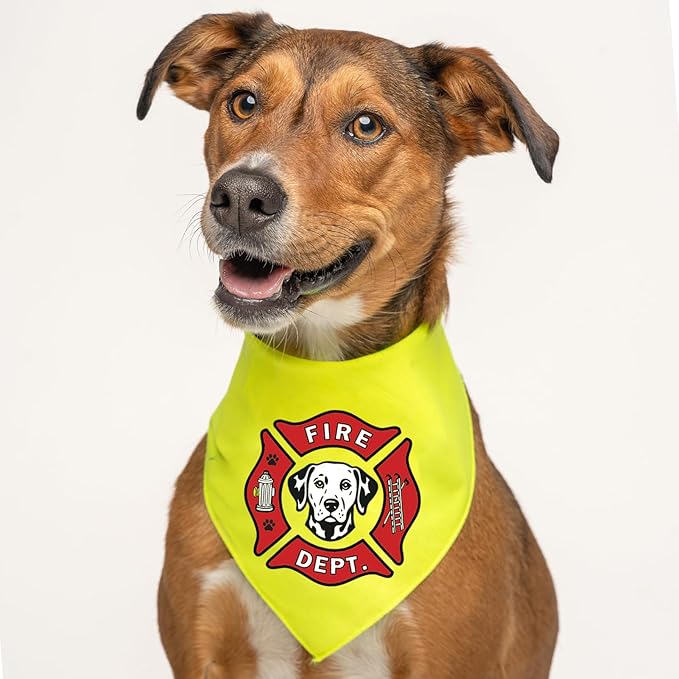Firefighter K9 Fire Dept Dog Bandana | 100% Cotton Adjustable Triangle | Made in USA | Firehouse | Rescue Squad | Halloween Costume | First Responder | Dalmation |Yellow Neon, One Size (1381)