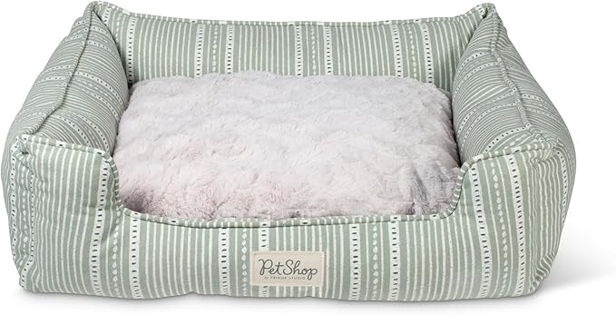 Fringe Studio Block Stripe Dusty SAGE 24" W x 21" D x 7" H Small Rectangular Cuddler Pet Bed W/Reversible Cushion, 100% Cotton Canvas Exterior, Machine Washable, PetShop Collection (755SM001)