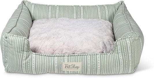 Fringe Studio Block Stripe Dusty SAGE 24" W x 21" D x 7" H Small Rectangular Cuddler Pet Bed W/Reversible Cushion, 100% Cotton Canvas Exterior, Machine Washable, PetShop Collection (755SM001)