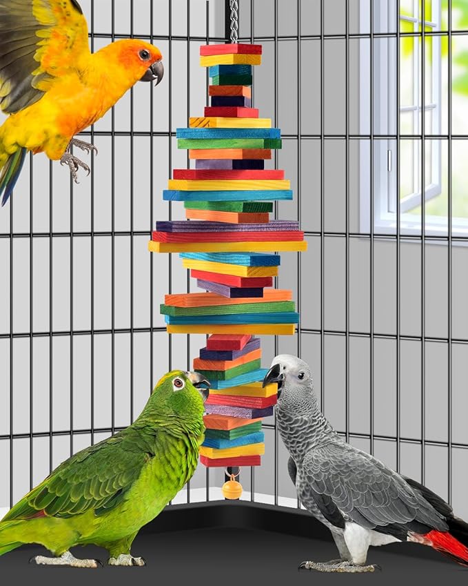 Bissap Bird Chew Toys, Multicolored Bagel Cascade Medium Large Bird Parrot Chewing Sticks Biting Wooden Blocks Toy for Big Senegal Amazon Cockatoos Macaws African Grey and Similar Sized Pet Birds