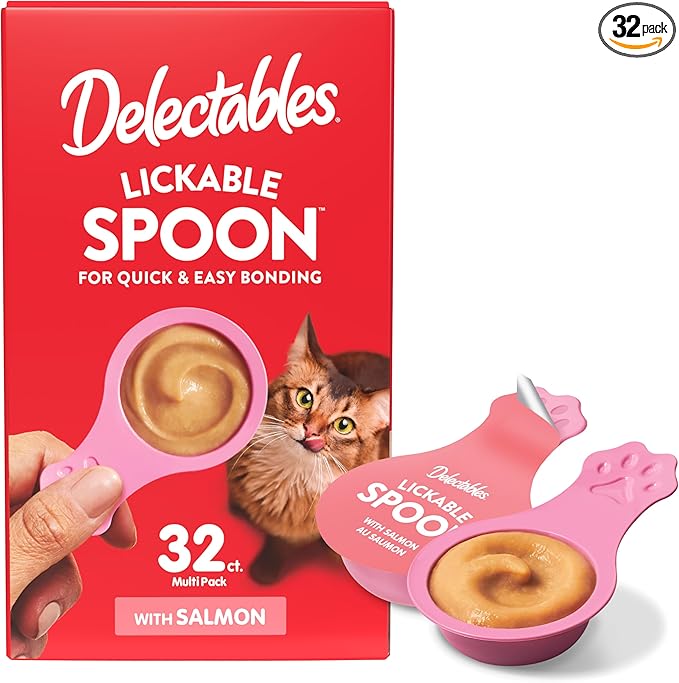 Delectables Lickable Spoon Handheld Wet Cat Treats Made with Real Salmon, Quick & Easy Creamy Puree, Mess Free, Grain-Free, No Added Fillers, No by-Products, No Added Preservatives, Salmon 32ct